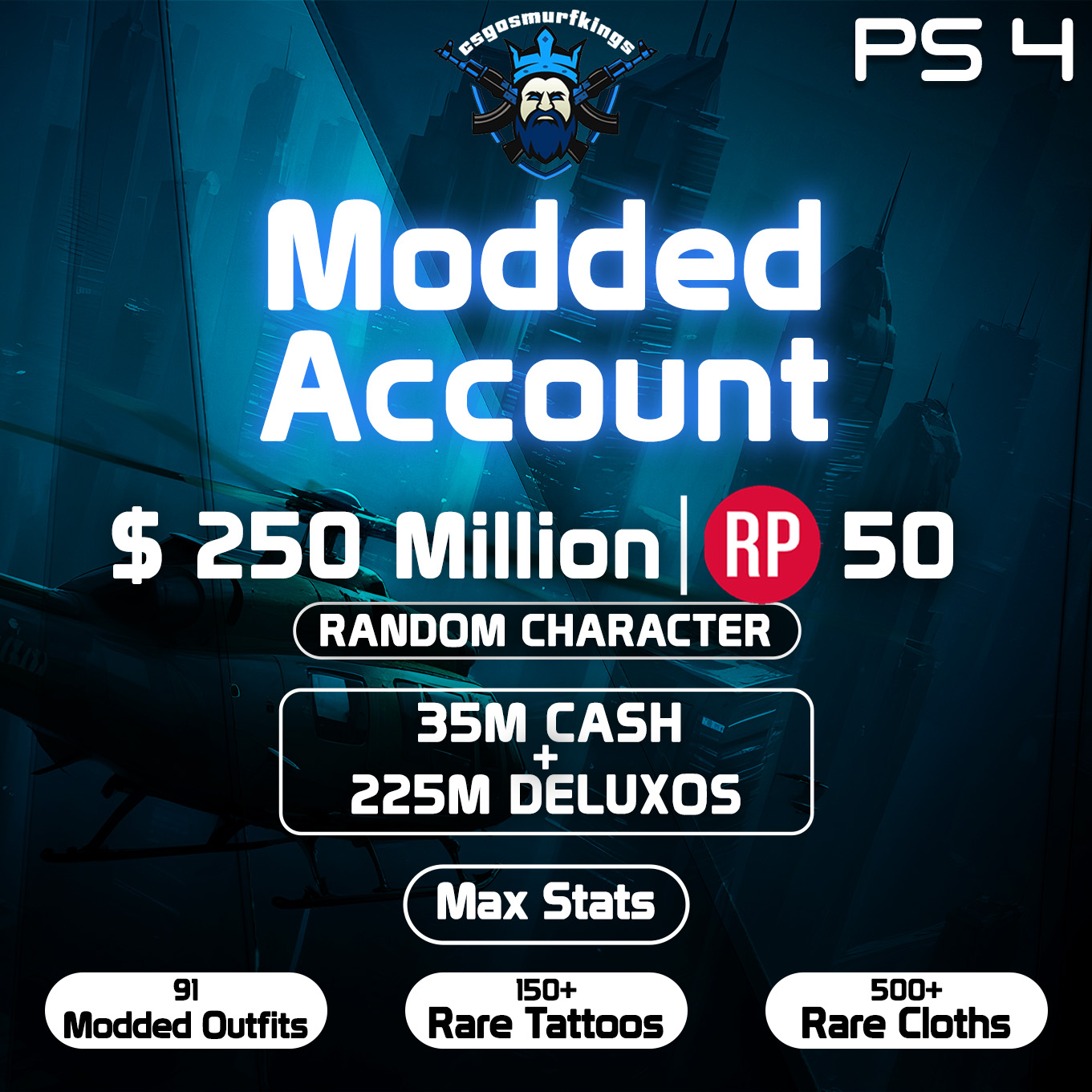 250M Random Character 50 RP 91 MD Outfits 150+ Tattoos 500+ Rare Cloths