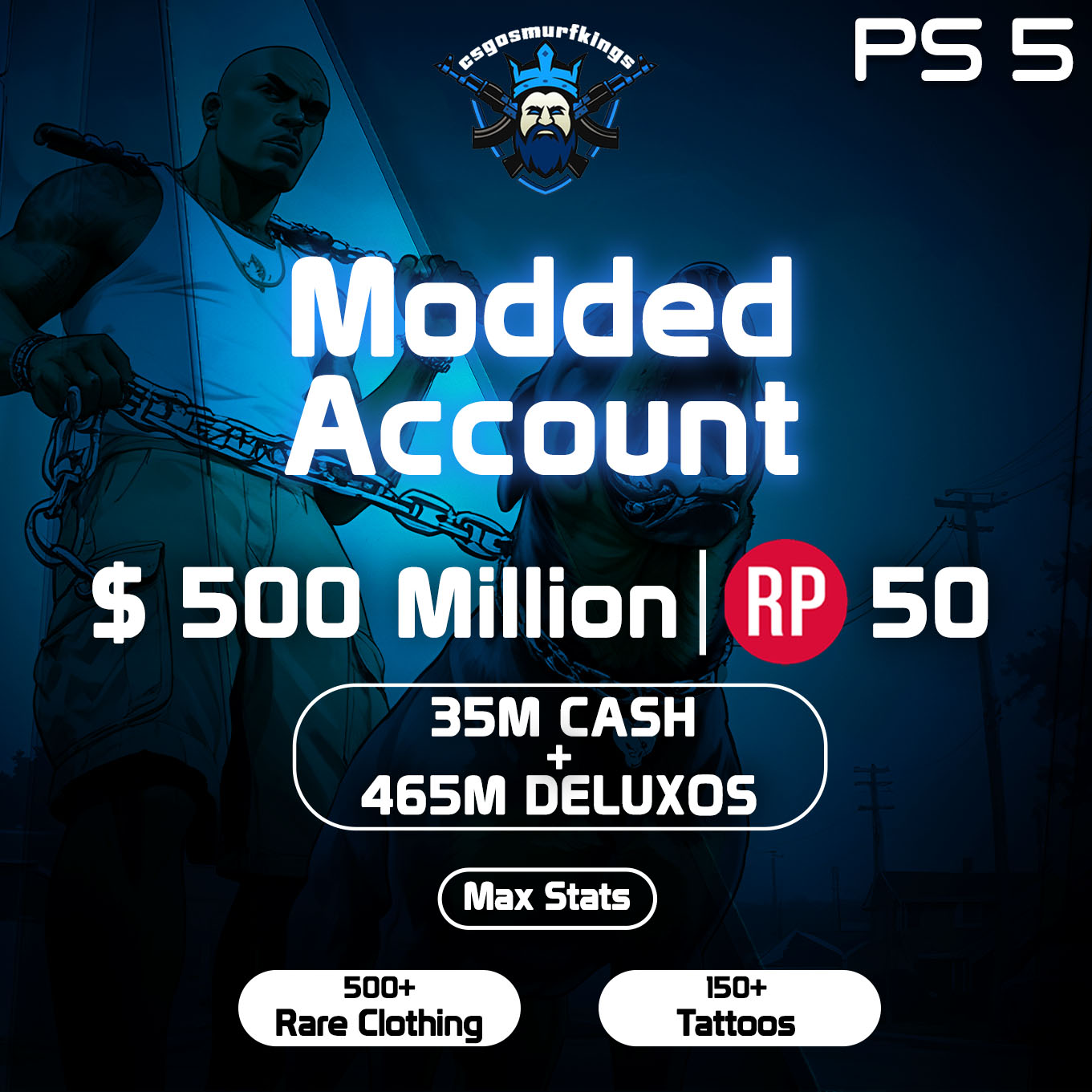 500M 50 RP 35M Cash + 465M Deluxos Max stats 500+ Rare Clothing (2)